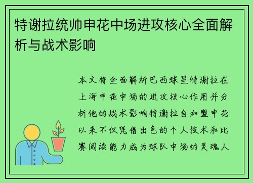 特谢拉统帅申花中场进攻核心全面解析与战术影响 特谢拉统帅申花中场进攻核心全面解析与战术影响
