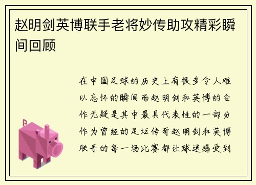 赵明剑英博联手老将妙传助攻精彩瞬间回顾
